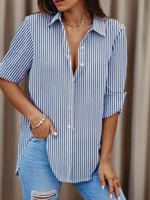 Women's Plus Striped Printed Shirt - Blue - View 1
