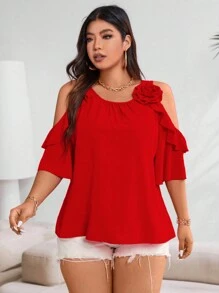 Vionelle Blusa con hombro descubierto y volantes para el verano, ropa de Año Nuevo tallas grandes - Rojo - Ver 4