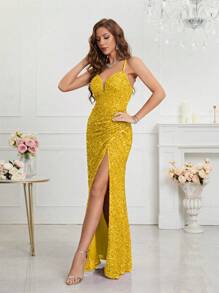UNITHORSE Split Thigh Sequin Valentine's Day Cami Dress Elegant Formal Evening Prom Wedding Guest Gown, For Graduation, Dinner Party Dress, School Clothes - Yellow - View 7