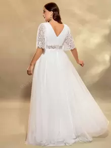 UNITHORSE Plus Size Women Elegant Romantic Lace Placement Floral Sheer Short Sleeve V Neck Embroidered White Mesh Wedding Dress ,Bride