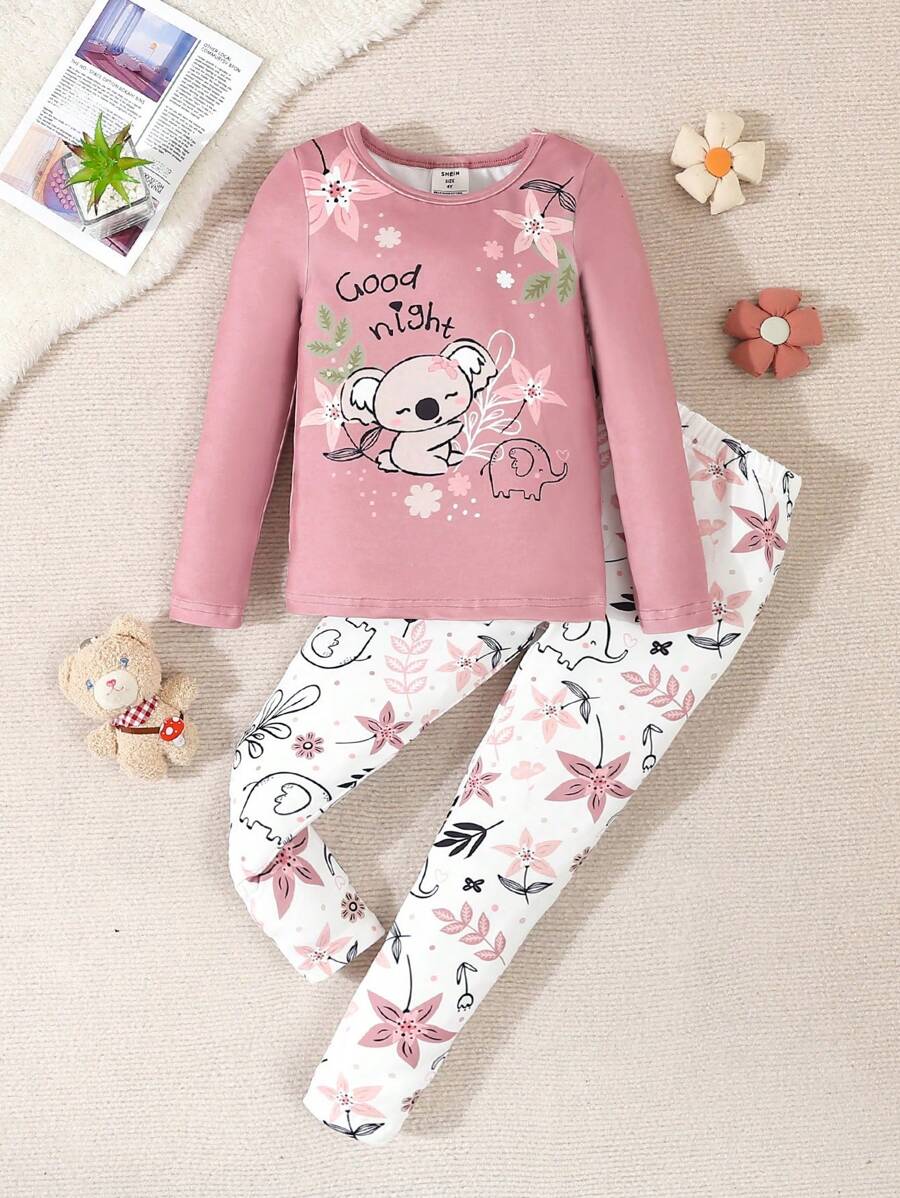 Young Girl Simple Printing Pattern Pajamas, Long Sleeve Top With Pants, 2pcs Homewear Snug Fit Set - Pink - View 1