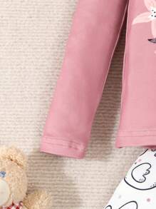 Young Girl Simple Printing Pattern Pajamas, Long Sleeve Top With Pants, 2pcs Homewear Snug Fit Set - Pink - View 3