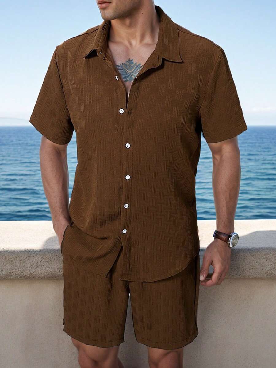Manfinity RSRT Áo sơ mi và quần đùi nam cài nút chắc chắn cho mùa hè - Cà phê nâu - Xem 1