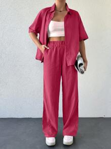 EURMUSE Ensemble de deux chemises tissées en jacquard rayé pour femmes - Rose bonbon - Voir 1