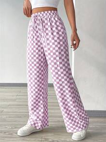 Celana Panjang Longgar Kasual Motif Kotak-kotak dengan Ikat Pinggang - Purple - View 3