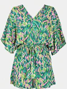 Plus Size V-Neck Floral Print Jumpsuit - Green - View 3