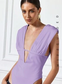 MISSGUIDED Plunge Neck Ruched Sleeveless Bodysuit - Purple - View 3