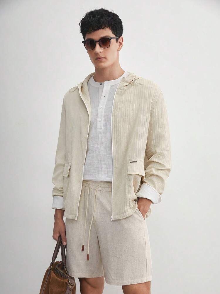Men's Business Lightweight Woven Casual Loose Hooded Zipper Jacket, Suitable For Daily Wear, Summer, For Fall Winter