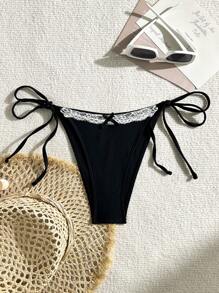 SHEIN Swim Contrast Lace Tie Side Bikini Bottom For Summer - Black - View 1