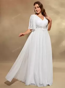 UNITHORSE Plus Size Women Elegant Romantic Lace Placement Floral Sheer Short Sleeve V Neck Embroidered White Mesh Wedding Dress ,Bride