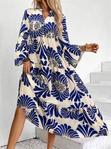 Breezaya Allover Print Notched Neckline Ruffle Hem Smock Dress - Royal Blue - View 3