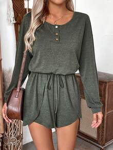 SHEIN LUNE Simple & Casual Pullover Knitted Long Sleeve Jumpsuit With Buttons - Army Green - View 3