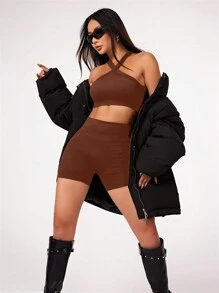 Easithlete Set di canotta e pantaloncini sportivi da donna, senza cuciture, con vita ampia, adatto per yoga ed esercizi fisici - Caffè Marrone - Visualizzare 3