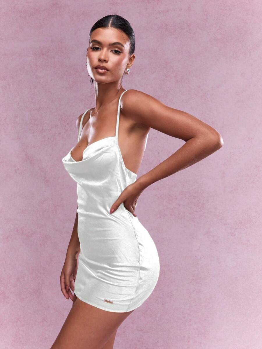 MISSGUIDED Satin Cowl Neck Tie Back Fitted Cami Mini DressMISSGUIDED