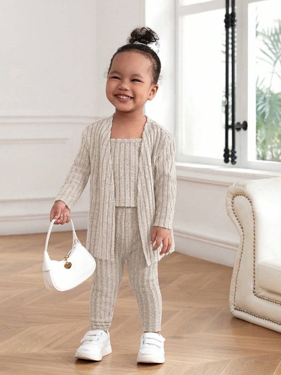 SHEIN Conjunto de 3 piezas para bebé niña con parte superior de punto gris casual sin mangas y chaqueta, pantalones - Albaricoque - Ver 1