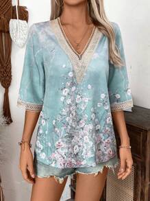 SHEIN LUNE Printed Casual Women's Spring Shirt, Classic Long Sleeve Button-Down Bohemian Blouse - Multicolor - View 4