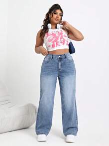 SHEIN ICON 高腰寬腿牛仔褲，適用於日常穿著 - 藍色 - 查看 3