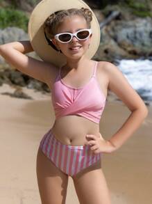 Bộ đồ bơi bikini sọc rỗng của Tween Girl Summer Beach - Hồng - Xem 7