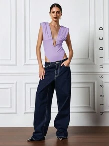 MISSGUIDED Plunge Neck Ruched Sleeveless Bodysuit - Purple - View 2