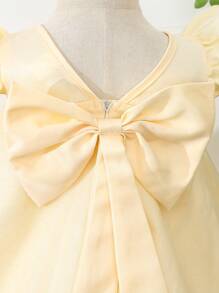 Vestido para bebé niña de manga corta con cuello redondo, confeccionado en satén tejido de primavera/verano y con lazo y adornos de cuentas para bodas, fiestas y cumpleaños - Blanco - Ver 4