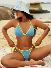 SHEIN Swim Women's Summer Beach Color Block Halter Sexy Bikini Set Swimwear - Baby Blue - View 1