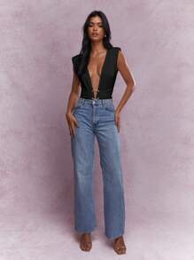 MISSGUIDED Plunge Neck Open Front Shoulder Padded Bodysuit - Black - View 4