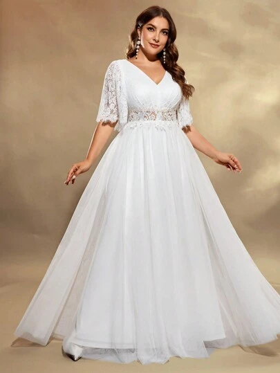 UNITHORSE Plus Size Women Elegant Romantic Lace Placement Floral Sheer Short Sleeve V Neck Embroidered White Mesh Wedding Dress ,Bride