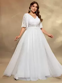 UNITHORSE Plus Size Women Elegant Romantic Lace Placement Floral Sheer Short Sleeve V Neck Embroidered White Mesh Wedding Dress ,Bride
