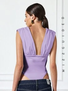 MISSGUIDED Plunge Neck Ruched Sleeveless Bodysuit - Purple - View 4
