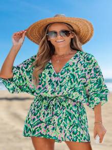 Plus Size V-Neck Floral Print Jumpsuit - Green - View 1