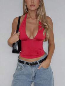 Mystra 性感纯色深 V 领露背吊带上衣，夏季