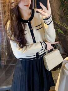 Spring/Autumn Casual Contrast Trim Design Crew Neck Cardigan - Beige - View 1