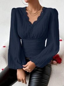 Chiquease Guipure Lace Trim Lantern Sleeve Blouse - Navy Blue - View 4