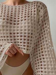 SHEIN Swim Hollow Out Long Sleeve Casual Cover Up Summer - Apricot - View 4