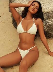 SHEIN Swim Women's Solid Color Halter Strap Sexy Bikini Set For Vacation Summer