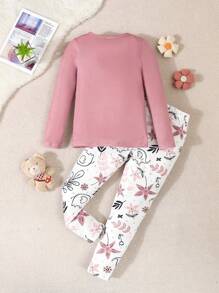 Young Girl Simple Printing Pattern Pajamas, Long Sleeve Top With Pants, 2pcs Homewear Snug Fit Set - Pink - View 2