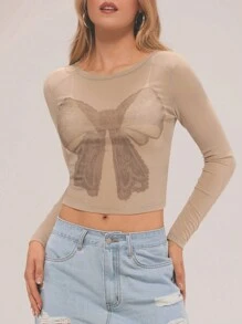 Forever 21 Nouveau haut d'été en maille transparente imprimée, style décontracté sexy - Nude - Voir 3