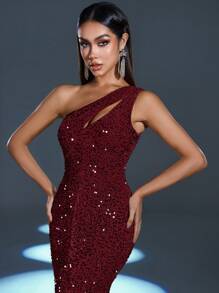 Elegante y encantador vestido de noche con un hombro y abertura con lentejuelas - perfecto para eventos de alfombra roja, bodas de lujo, inauguraciones de galerías de arte y galas de moda de medianoche - Burdeos - Ver 6