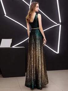 Elegante vestido de fiesta, vestido de graduación, vestido formal de noche de corte ceñido y largo tipo A con lentejuelas, escote en V, sexy y multicolor, para invitada de boda, cena - Verde Oscuro - Ver 3