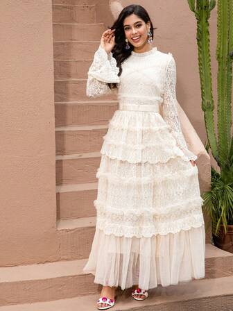 Lace Dress Female New Waist Mesh Summer A-Line Dress Elegant Long Sleeve Formal Evening Prom Wedding Guest Gown, For Graduation, Dinner Party Dress