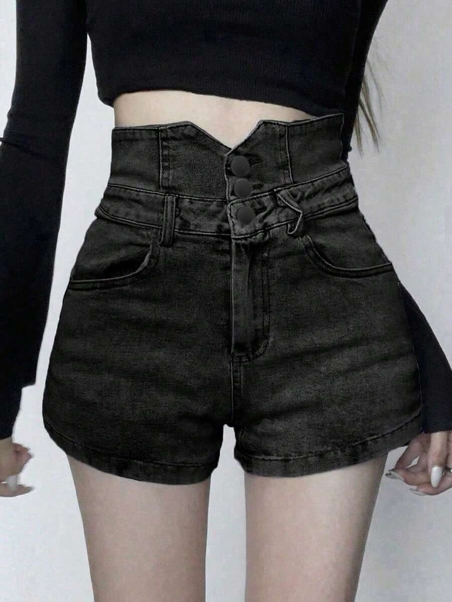 女士修身显瘦休闲牛仔短裤，带口袋，夏季黑色 - 黑色 - 查看 1