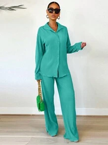 2pcs Women's Fashionable Pleated Shirt And Comfortable Wide-Leg Pants Set, Casual, Ladies Spring/Fall Casual Pocket, Zipper Long Sleeve Loose Blouse Pants Women Two-Piece Outfits, Casual Daily Wear - Màu xanh bụi bặm - Xem 3