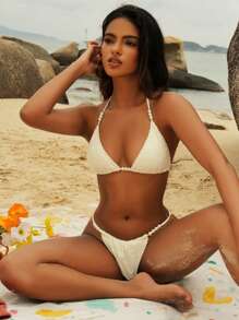 SHEIN Swim Women's Solid Color Halter Strap Sexy Bikini Set For Vacation Summer