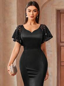 MIUSOL 优雅亮片蕾丝甜心领荷叶边袖缎面美人鱼下摆正式派对超长修身连衣裙黑色舞会晚会婚礼宾客礼服，适合毕业典礼、晚宴 - 黑色 - 查看 7