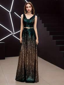 Elegante vestido de fiesta, vestido de graduación, vestido formal de noche de corte ceñido y largo tipo A con lentejuelas, escote en V, sexy y multicolor, para invitada de boda, cena - Verde Oscuro - Ver 5