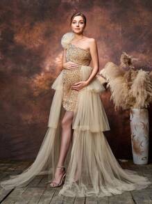 Maternity Asymmetrical Neck Mesh Overlay Sequin Party Elegant Dress