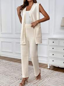 SHEIN LUNE Cárdigan sólido con botones en la parte frontal y pantalones de punto para el verano - Albaricoque - Ver 3
