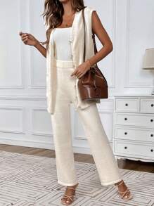 SHEIN LUNE Cárdigan sólido con botones en la parte frontal y pantalones de punto para el verano - Albaricoque - Ver 5