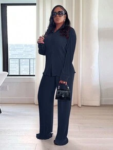 Bộ 2 món áo sơ mi xếp ly thời trang và quần ống rộng thoải mái dành cho nữ, thích hợp mặc thường ngày vào mùa xuân. - Màu xanh hải quân - Xem 6