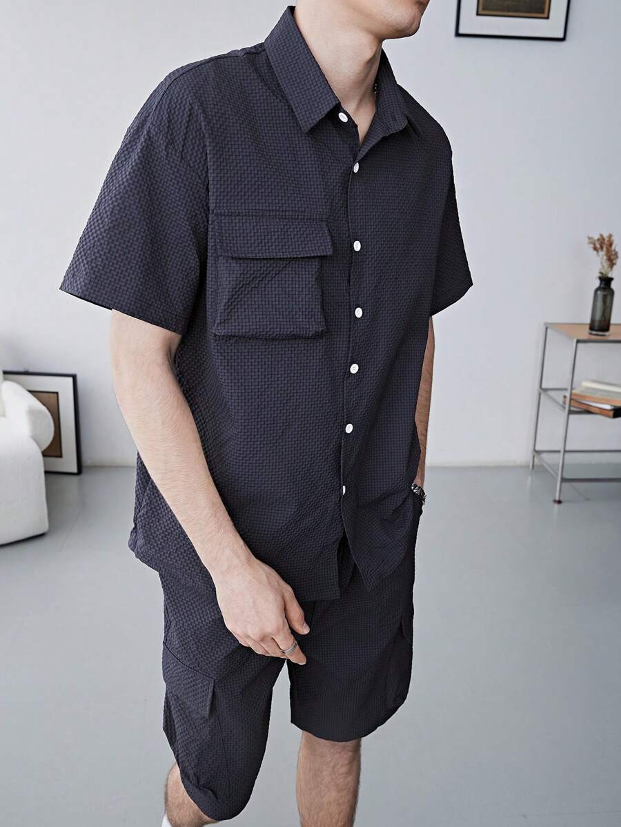 Manfinity Homme 男士條紋翻蓋口袋襯衫和短褲套裝 - 藍色 - 查看 1